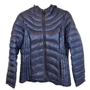 Andrew Marc Packable Lightweight Down Puffer Jacket Hooded Navy Blue Womens M